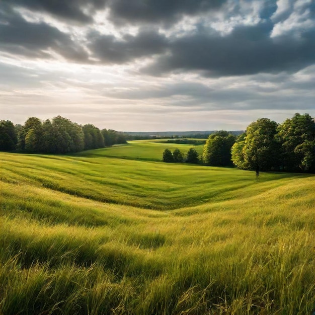 Photo a field with trees and a field with a cloudy sky in the background