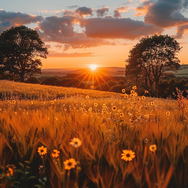 Field with Trees and Sunset Chaos