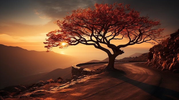 Field with Trees and Sunset Free Photo