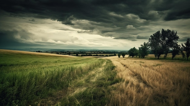 a field with a view of the countryside and a farm in the background.