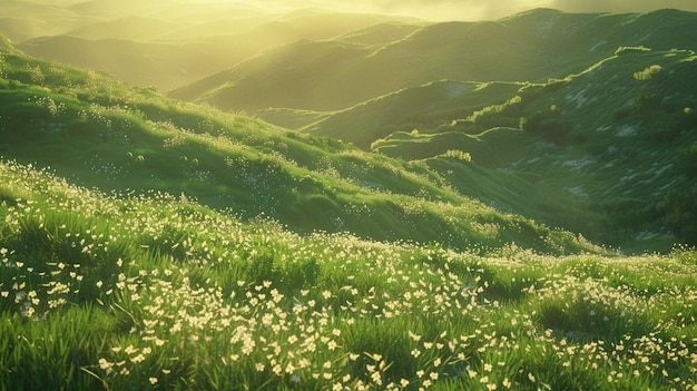 a field with wildflowers and a green field with the sun shining on it