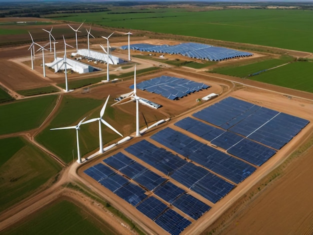 a field with wind turbines and a field with a building in the background