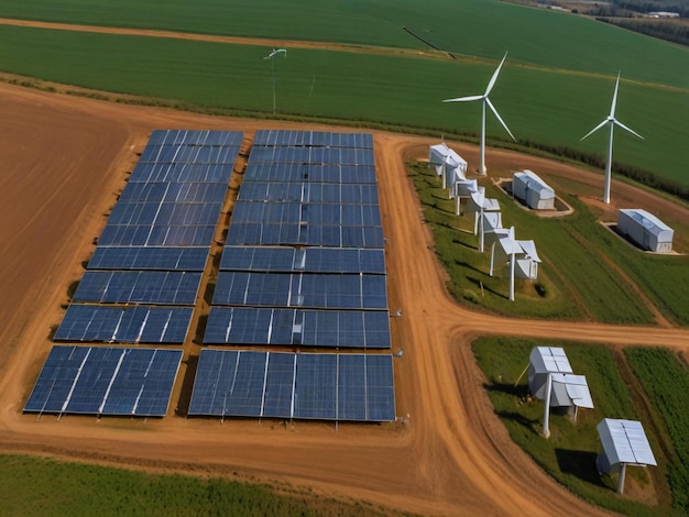 a field with wind turbines and a field with one that has a wind farm in the background