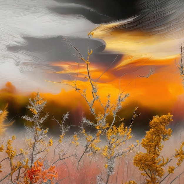 a field with a yellow and orange sky and a field of wildflowers