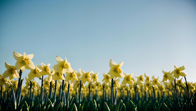 Photo a field of yellow daffodils with a clear blue sky in the background