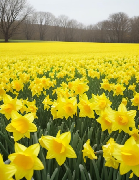 Photo a field of yellow daffodils with trees in the background.