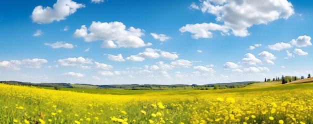 a field of yellow flowers under a blue sky