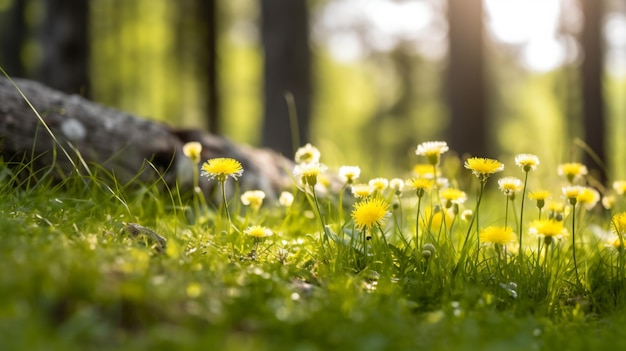 a field of yellow flowers next to a tree