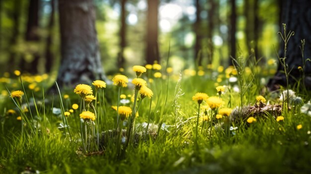 a field of yellow flowers next to a tree