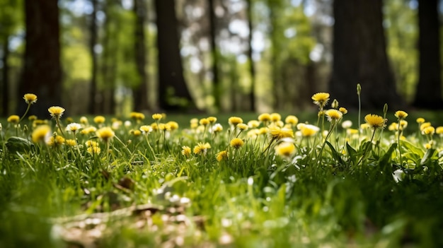 a field of yellow flowers next to a tree