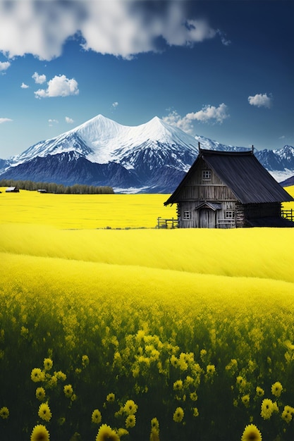 Field of yellow flowers with a barn in the background generative ai