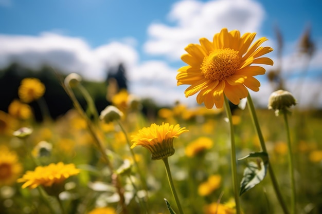 A field of yellow flowers with a blue sky in the background