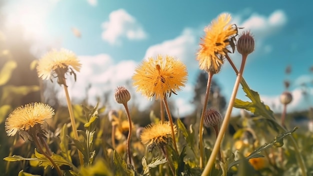 A field of yellow flowers with a blue sky in the background