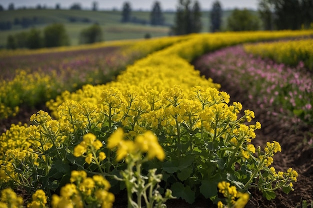 a field of yellow flowers with a field of purple flowers in the background