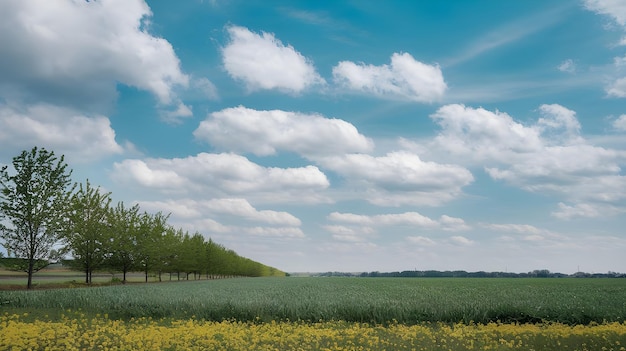 Photo a field of yellow flowers with a field of trees in the background