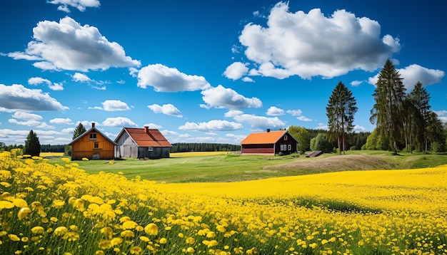 a field of yellow flowers with houses and trees in the background