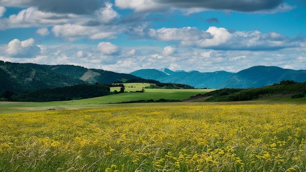 Photo a field of yellow flowers with a mountain in the background