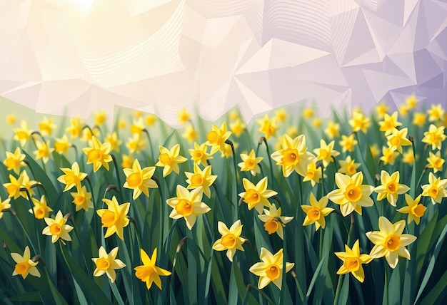 Photo a field of yellow flowers with a purple background and a white background with a geometric pattern