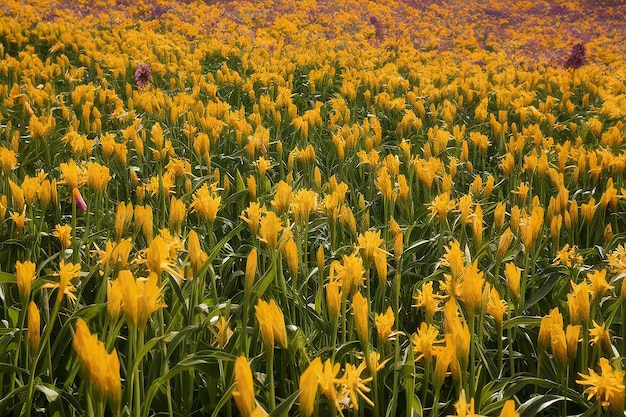 a field of yellow flowers with a purple flower in the background