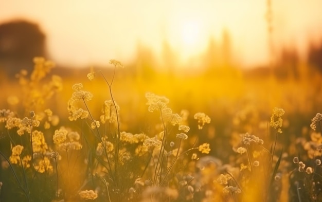 A field of yellow flowers with the sun setting behind it