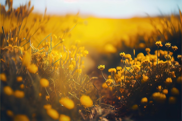 A field of yellow flowers with the sun shining on it