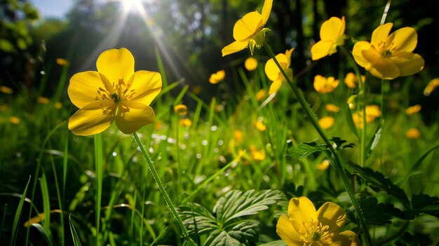 Photo a field of yellow flowers with the sun shining through the trees