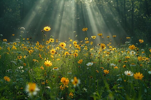 a field of yellow flowers with the sun shining through the trees