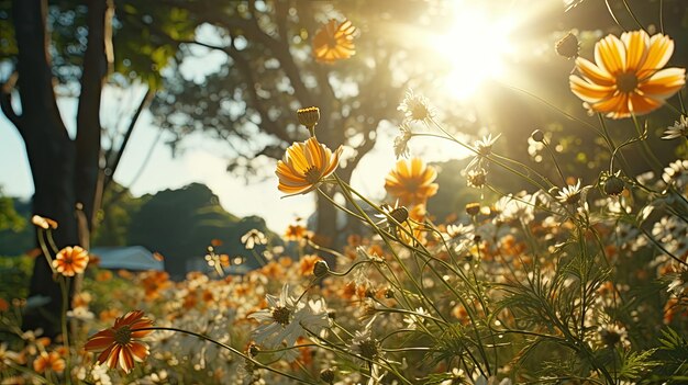 a field of yellow flowers with the sun behind them