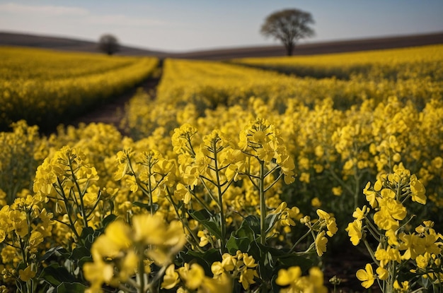 a field of yellow flowers with a tree in the background