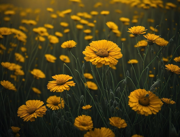 A field of yellow flowers with the word marigold on the bottom.