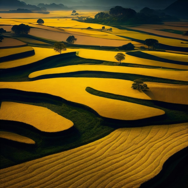 A field of yellow and green crops with a dark sky in the background.