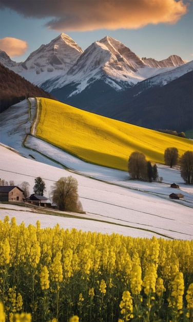 a field of yellow and green grass with a mountain in the background