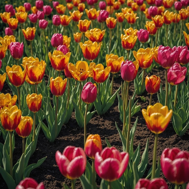 a field of yellow and orange tulips with the word tulips on them