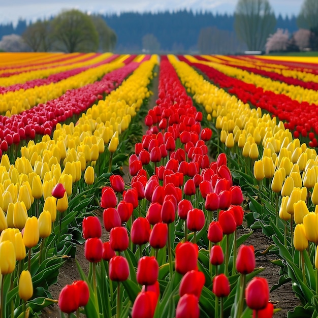 a field of yellow and red tulips with trees in the background