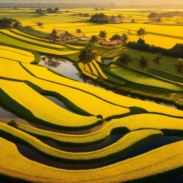 A field of yellow rice is shown with a small pond in the foreground.