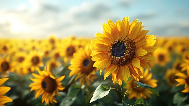 A field of yellow sunflowers with a single flower in the foreground