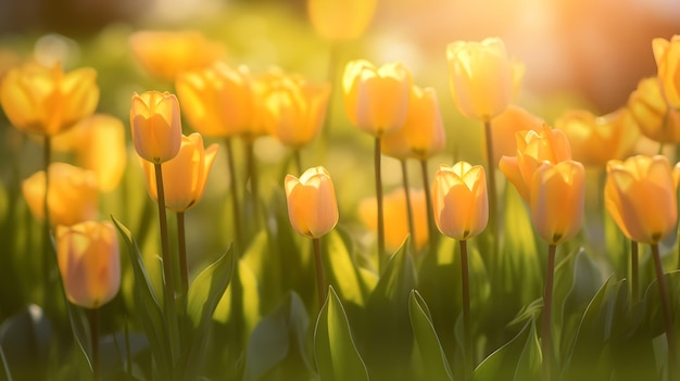 field of yellow tulips with blur bokeh sun light