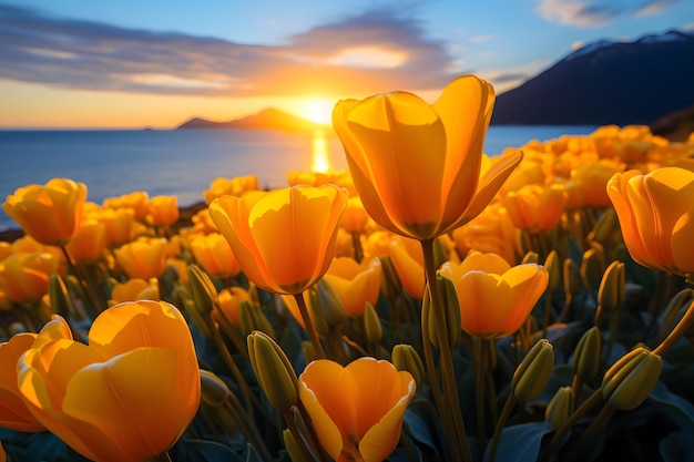 a field of yellow tulips with mountains in the background