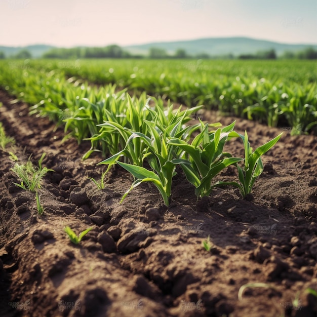 A field of young corn with a mountain in the background.