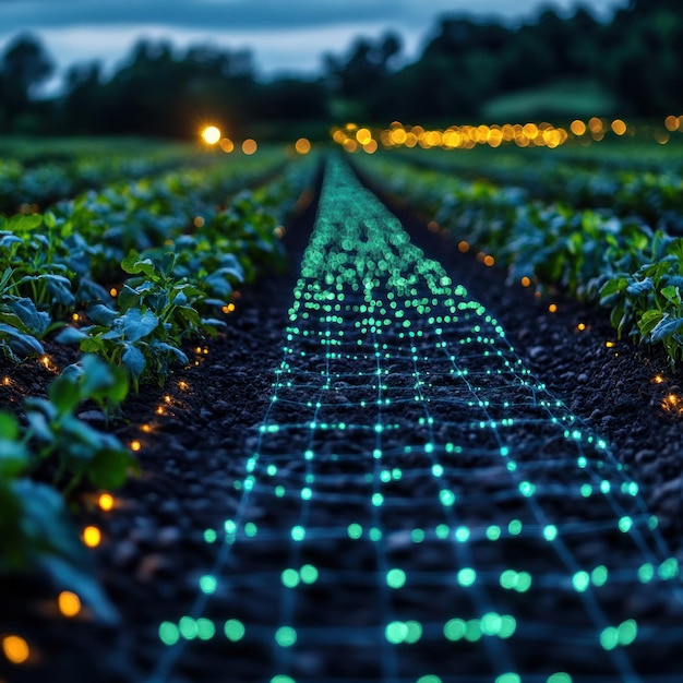 Photo a field of young plants at night with a grid of green lights illuminating the rows