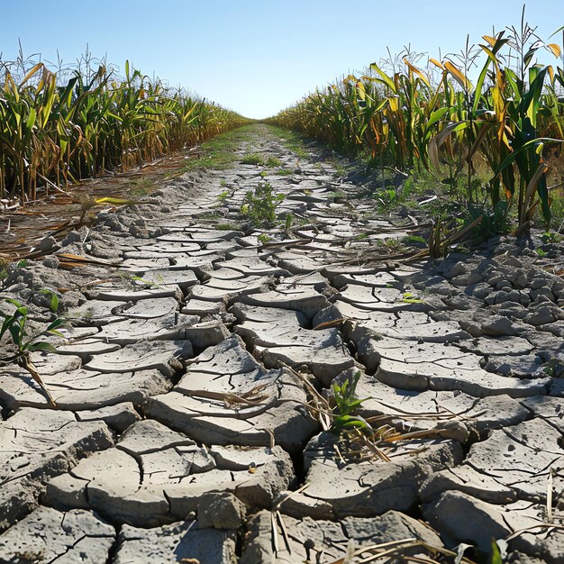 Fields of corn and wheat suffering under intense El Nino heat cracked ground