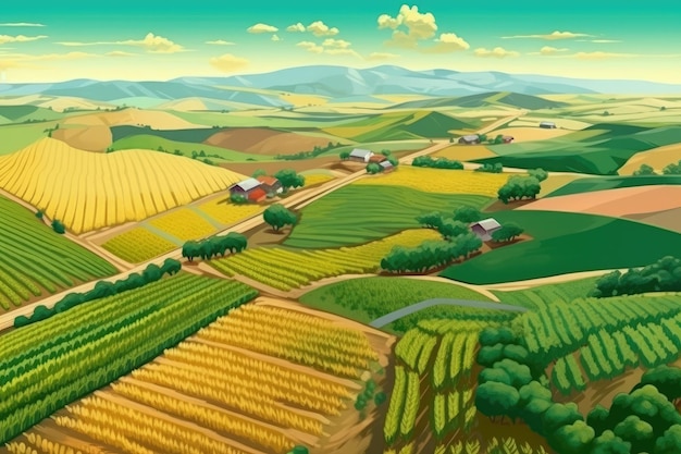 Fields of crops stretch towards distant hills Generative AI