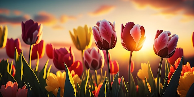 Fields of red tulips flowers on the sunset