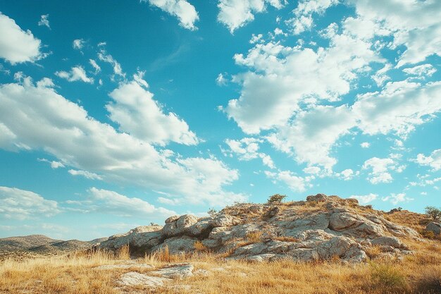 Photo fields with stone pillars beneath a radiant afternoon sky