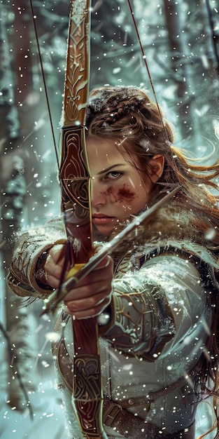 Fierce archer aiming arrow in snowy battlefield