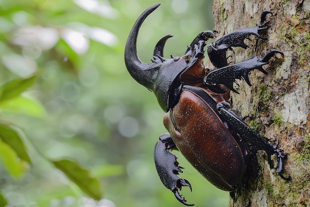 Photo a fierce battle of survival two giant rhinoceros beetles clash on a tree amidst the lush green backdrop showcasing natures raw power and beauty