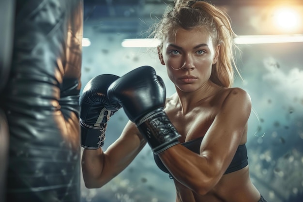 Fierce beautiful female muay thai boxer with powerful physique trains delivering punches at boxing bag epitomizing strength and determination in combat sports training