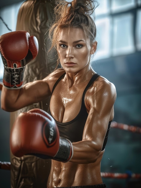 Fierce beautiful female muay thai boxer with powerful physique trains delivering punches at boxing bag epitomizing strength and determination in combat sports training