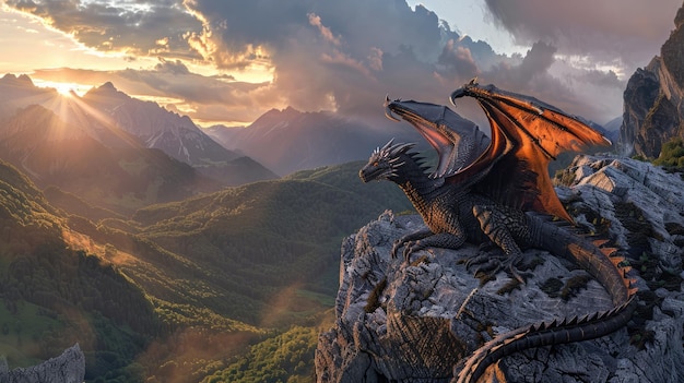 Photo a fierce black dragon with glowing orange eyes and fiery breath stands on a rugged