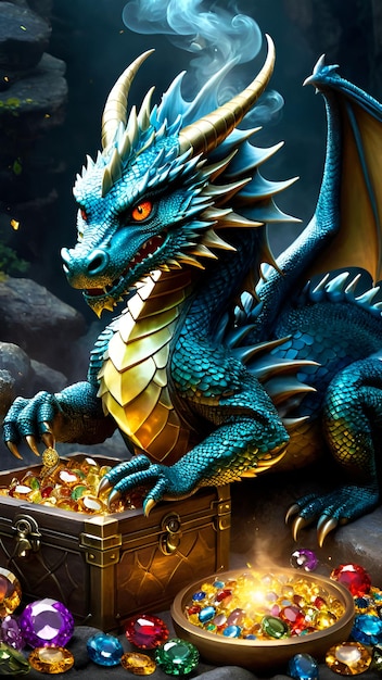 A fierce blue dragon with glowing eyes guards a treasure chest overflowing with jewels and gold coin